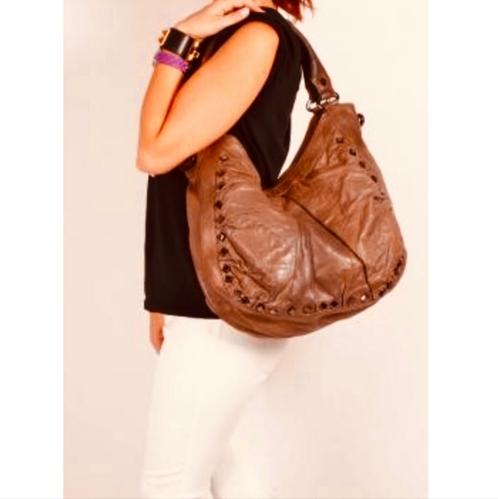 $650 Treesje Genuine Leather Gold Studded Hobo Crossbody Purse Bag Tan Camel